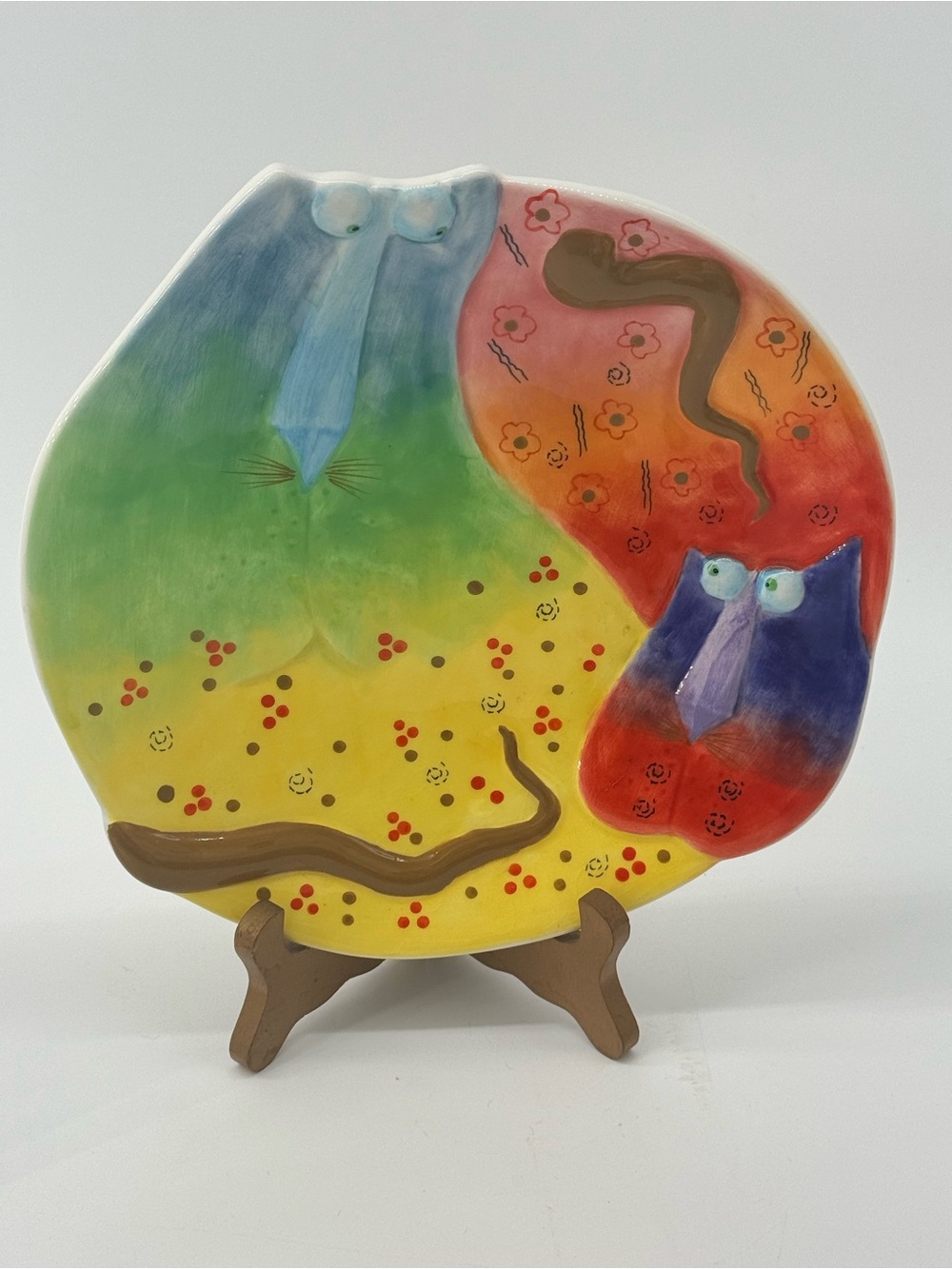Hand-Painted Multi-Color Ceramic Art Plate - Cat Motif